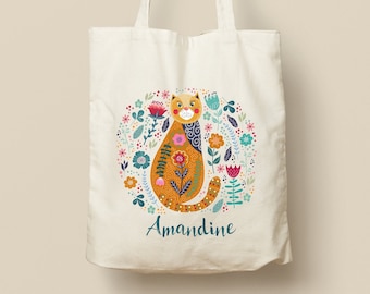 Tote Bag en Coton Personnalisable - Cadeau Unique, Éco-Friendly et Réutilisable, Modèle Chat et Fleurs 02