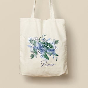 Customizable Cotton Tote Bag - Unique Gift, Eco-Friendly and Reusable, Turtle and Flowers Model