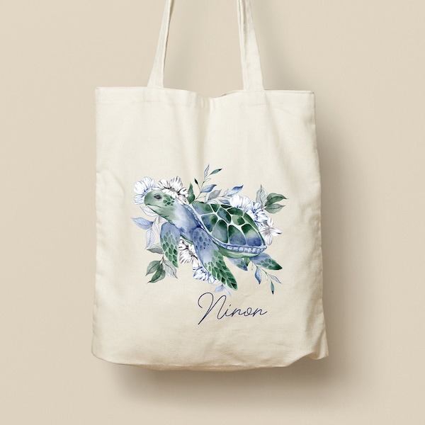 Tote Bag en Coton Personnalisable - Cadeau Unique, Éco-Friendly et Réutilisable, Modèle Tortue et Fleurs