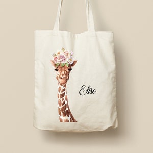 Tote Bag en Coton Personnalisable - Cadeau Unique, Éco-Friendly et Réutilisable, Modèle Girafe et Fleurs