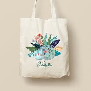 Customizable Cotton Tote Bag - Unique, Eco-Friendly and Reusable Gift, Cat and Flowers Design