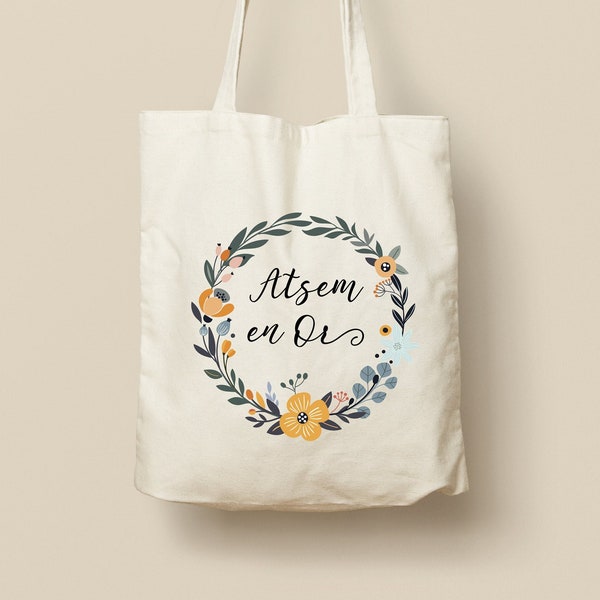 Tote Bag en Coton Personnalisable - Cadeau Unique, Éco-Friendly et Réutilisable, Couronne de fleurs, Modèle Vintage jaune