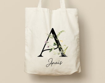 Tote Bag en Coton Personnalisable - Cadeau Unique, Éco-Friendly et Réutilisable, Couronne de fleurs, Modèle Initiales de Printemps