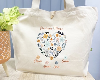 Tote bag, Shopping bag, Organic cotton to personalize, Heart in flowers
