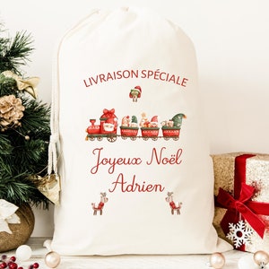 Sac de Noël personnalisé, Hotte à cadeaux personnalisable, Véhicule du Père Noël, Train ou Voiture