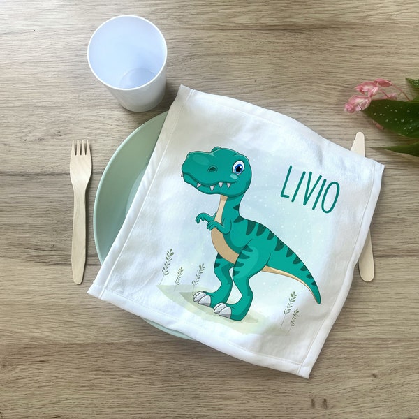 Serviette de table personnalisée pour enfant en maternelle + Pochon de rangement, Modèle Dinosaure T-REX Vert