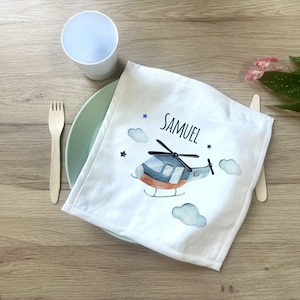 Tovagliolo personalizzato per bambini dell'asilo + borsa portaoggetti, modello Elicottero
