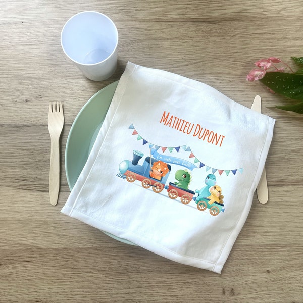 Serviette de table personnalisée pour enfant en maternelle + Pochon de rangement, Modèle Dino Train