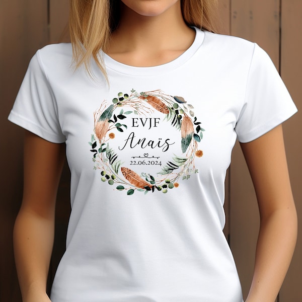 Tee Shirt EVJF personnalisé, Coupe classique Femme, 17 couleurs au choix, Couronne de fleurs, Modèle Boho vert