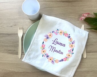 Personalized napkin for kindergarten children + storage bag, Purple flower crown model