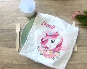 Personalized napkin for nursery child + Storage pouch, Unicorn and Flowers model