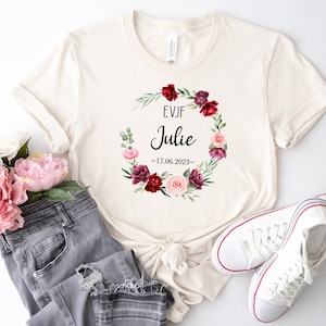 Personalized EVJF Tee Shirt, Loose unisex cut, 100% Organic Cotton, 24 colors to choose from, Flower crown, Gradient Roses model