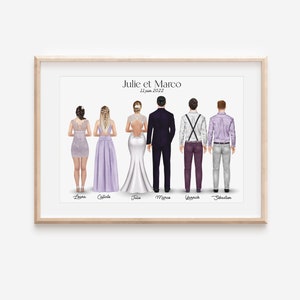 Personalisiertes Hochzeitsportrait-Poster, Braut und Bräutigam und ihre Trauzeugen, Brautjungfern