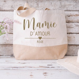 Grand Sac Coton et Jute personnalisé, Cadeau Maman, Maîtresse, Nounou... à personnaliser. 7 couleurs au choix