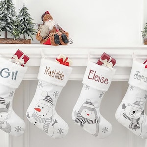 Embroidered Christmas stocking, personalized with name, 4 designs to choose from, White/Grey design