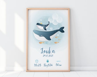 Personalized birth poster, Whale, Watercolor style - Louka model
