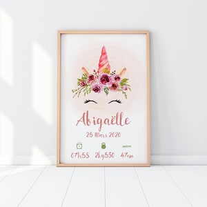 Póster de nacimiento personalizado, Unicornio, estilo acuarela - Modelo Abigaëlle