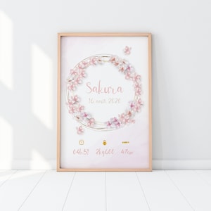 Birth poster to personalize, Flower crown, Watercolor style - Sakura model