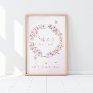 Poster di nascita personalizzato, corona di fiori, stile acquerello - modello Sakura