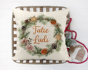 Coussin de Noël personnalisé, Couronne de Noël Oranges et cookies