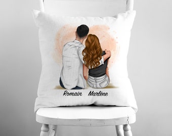 Personalisiertes Kissen, drei Stoffe zur Auswahl, Porträt eines sitzenden Paares