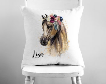 Coussin personnalisé, Trois tissus au choix, Cheval et fleurs