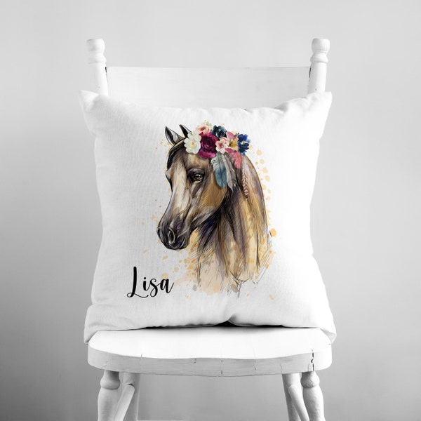 Coussin personnalisé, Trois tissus au choix, Cheval et fleurs