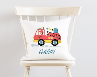 Coussin personnalisé, Deux tissus au choix, Camion de Pompier 01