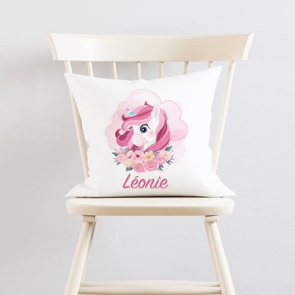 Coussin personnalisé, Deux tissus au choix, Licorne et fleurs