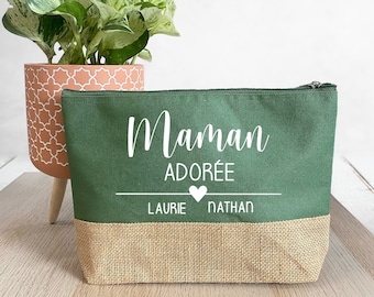 Großes personalisiertes Federmäppchen aus Baumwolle und Jute, Geschenk für Mama, Lehrerin, Kindermädchen... zum Personalisieren. 8 Farben zur Auswahl