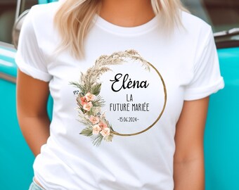 Tee Shirt EVJF personnalisé, Coupe classique Femme, 17 couleurs au choix, Couronne de fleurs, Modèle Bohème