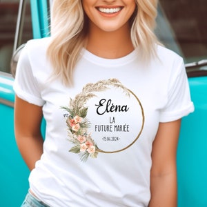 Tee Shirt EVJF personnalisé, Coupe classique Femme, 17 couleurs au choix, Couronne de fleurs, Modèle Bohème Blanc