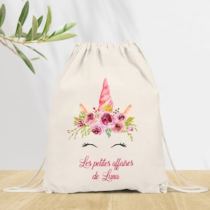 Sac à dos Personnalisé pour Maternelle, sac à doudou, affaires d'école ou sport, Modèle Licorne Aquarelle Fuchsia