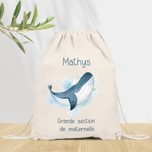 Sac à dos Personnalisé pour Maternelle, sac à doudou, affaires d'école ou sport, Modèle Baleine