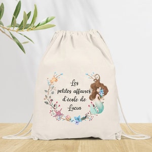 Sac à dos Personnalisé pour Maternelle, sac à doudou, affaires d'école ou sport, Modèle Sirène menthe et Fleurs