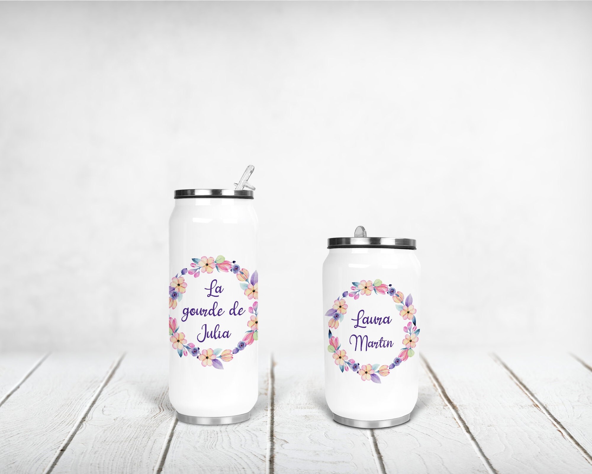 Canette Isotherme Personnalisée, Couronne de Fleurs, Rose et Violette