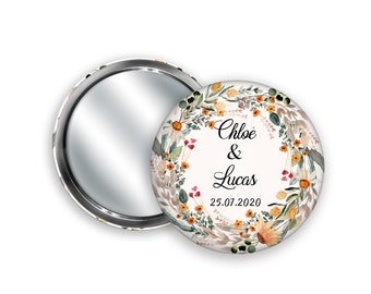 Miroir de poche à personnaliser, Couronne de fleurs des champs + Pochon cadeau