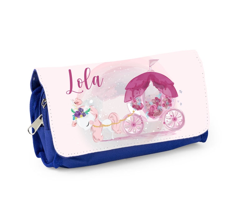 Trousse d'école personnalisée, Bleu ou rose, Licorne et carrosse de princesse image 2