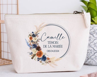 Grande Trousse personnalisée, Couronne de fleurs, Modèle Bohème Bleu et Terracotta