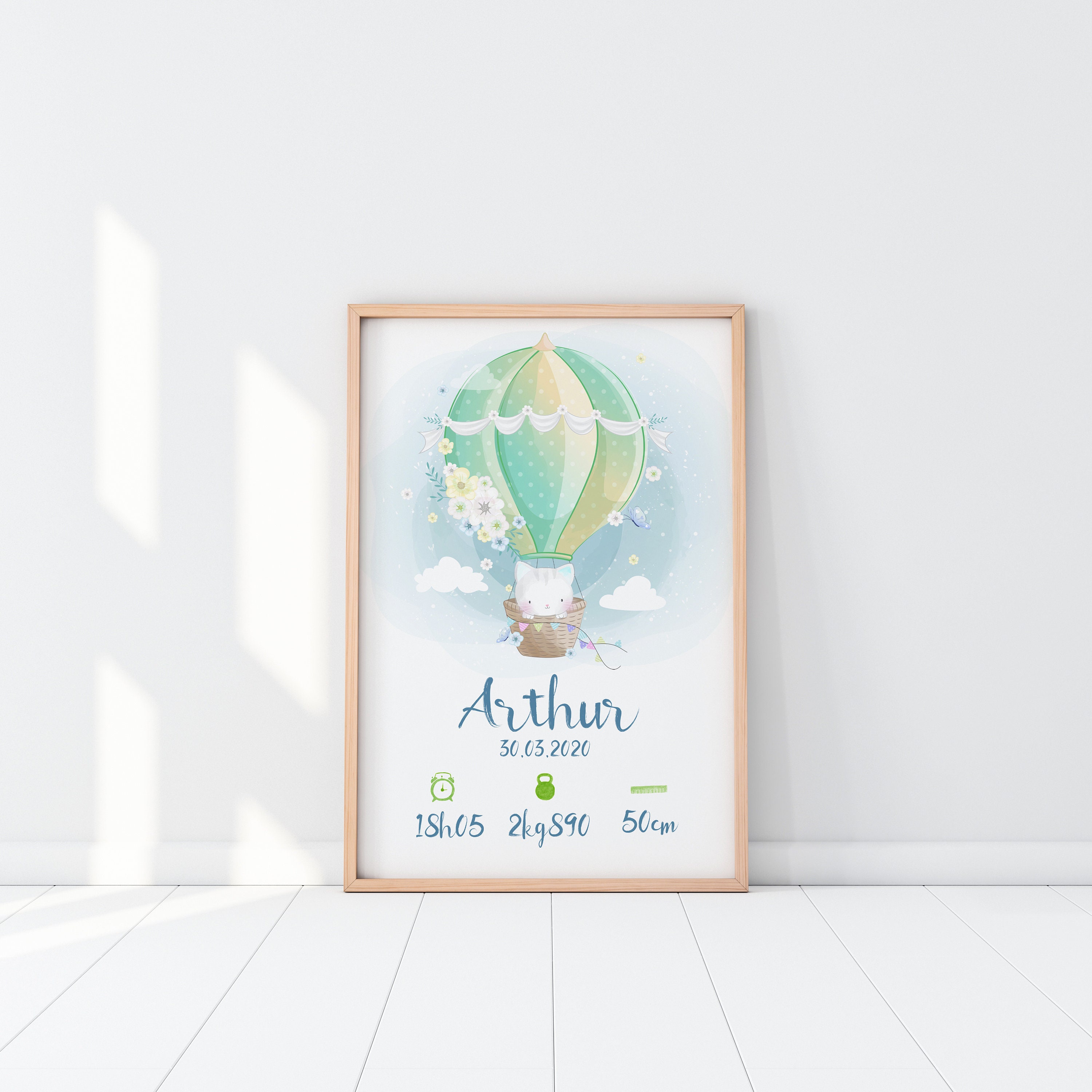 Affiche de Naissance à Personnaliser, Animal en Montgolfière, Style Aquarelle - Modèle Arthur