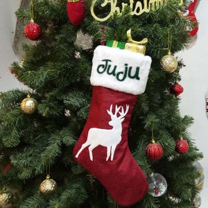 Chaussette de Noël brodée, personnalisée avec prénom, 4 modèles au choix, Modèle Rouge/Blanc Cerf