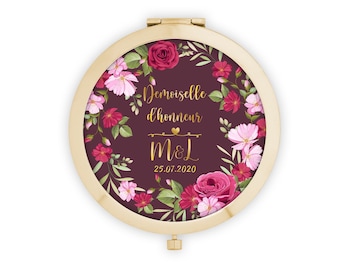 Miroir en métal de poche à personnaliser, Couronne de fleurs, Bordeau + Pochon cadeau