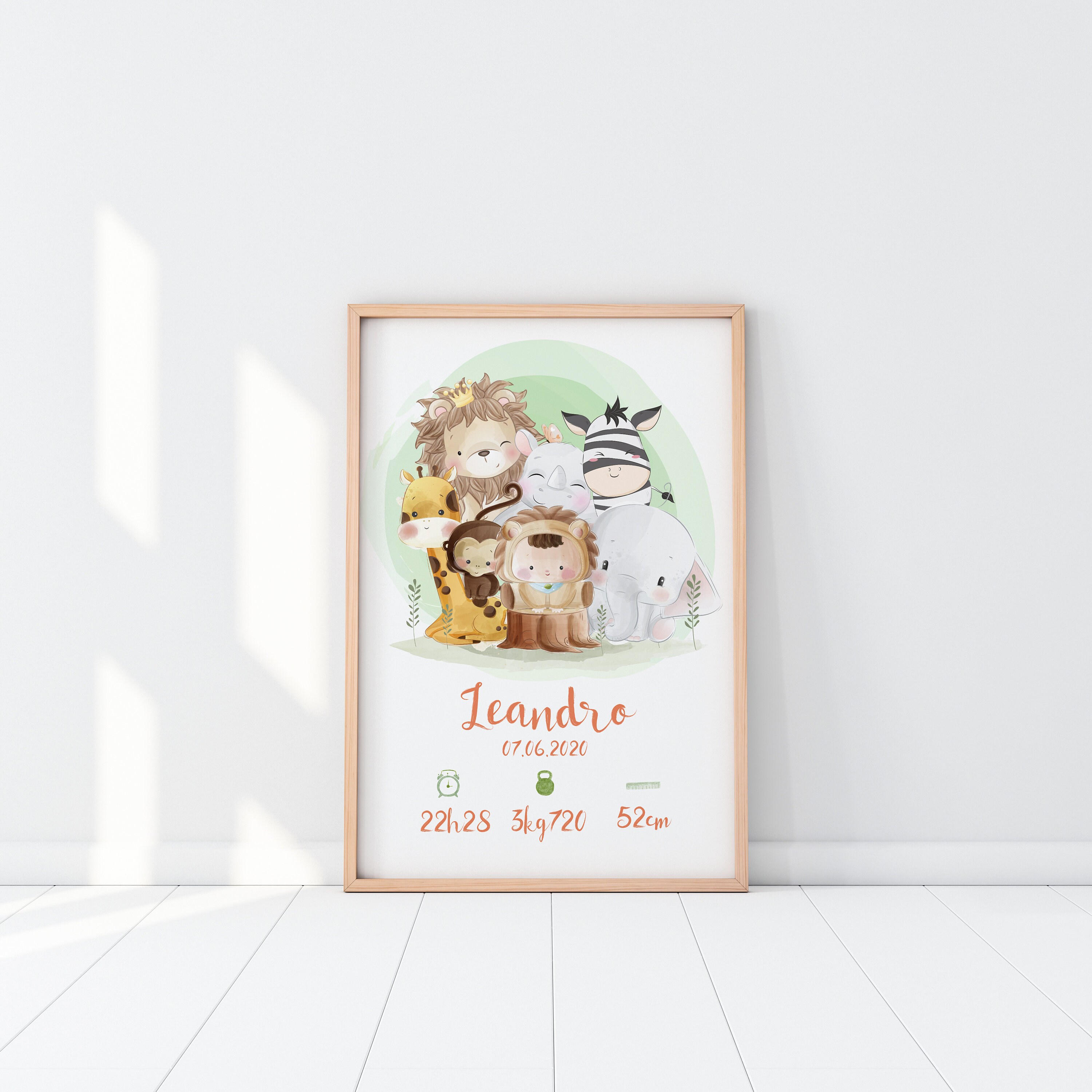 Affiche de Naissance à Personnaliser, Animal en Montgolfière, Style Aquarelle - Modèle Leandro