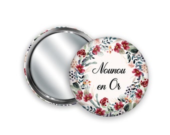 Miroir de poche à personnaliser, Couronne de fleurs champêtre + Pochon cadeau