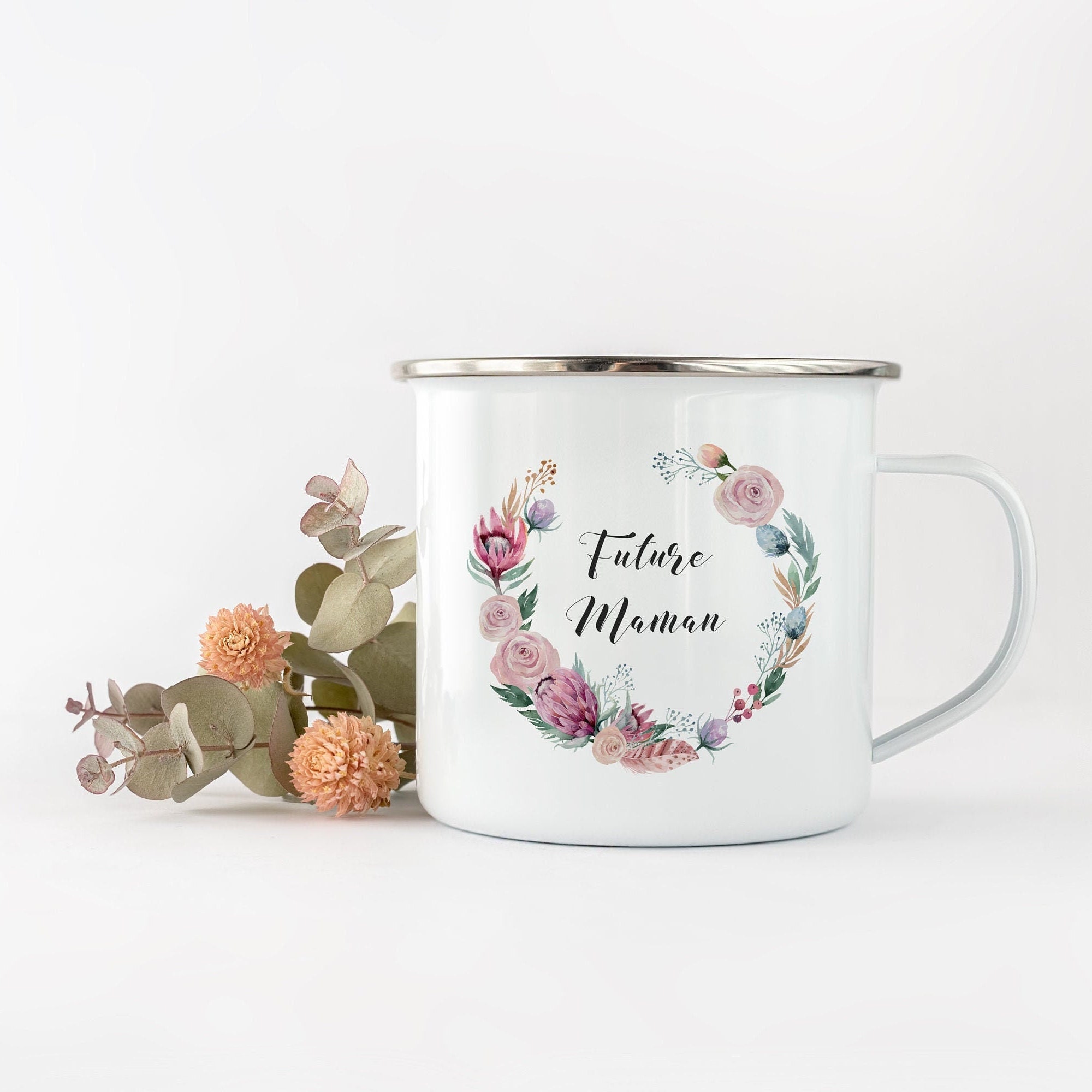 Tasse Camping, 270 ou 530Ml, Couronne de Fleurs, Roses et Plumes