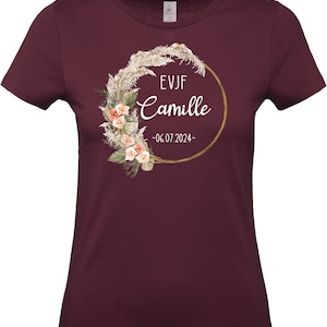 Tee Shirt EVJF personnalisé, Coupe classique Femme, 17 couleurs au choix, Couronne de fleurs, Modèle Bohème Burgundy