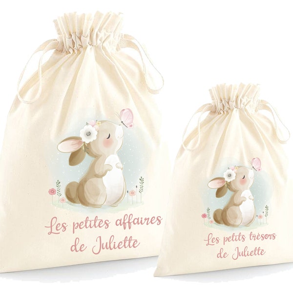 Pochon personnalisé pour enfant, sac de rechange, rangement, Modèle Lapin et papillon