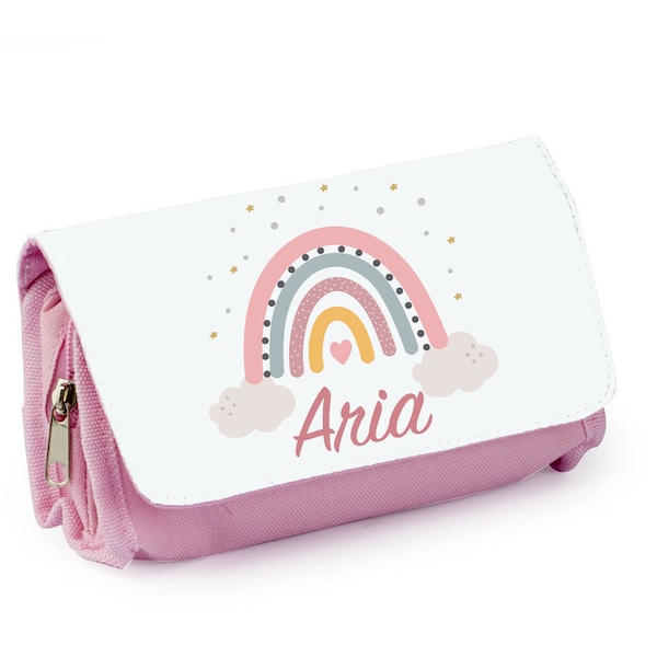 Trousse d'école personnalisée, Bleu ou rose, Arc en ciel