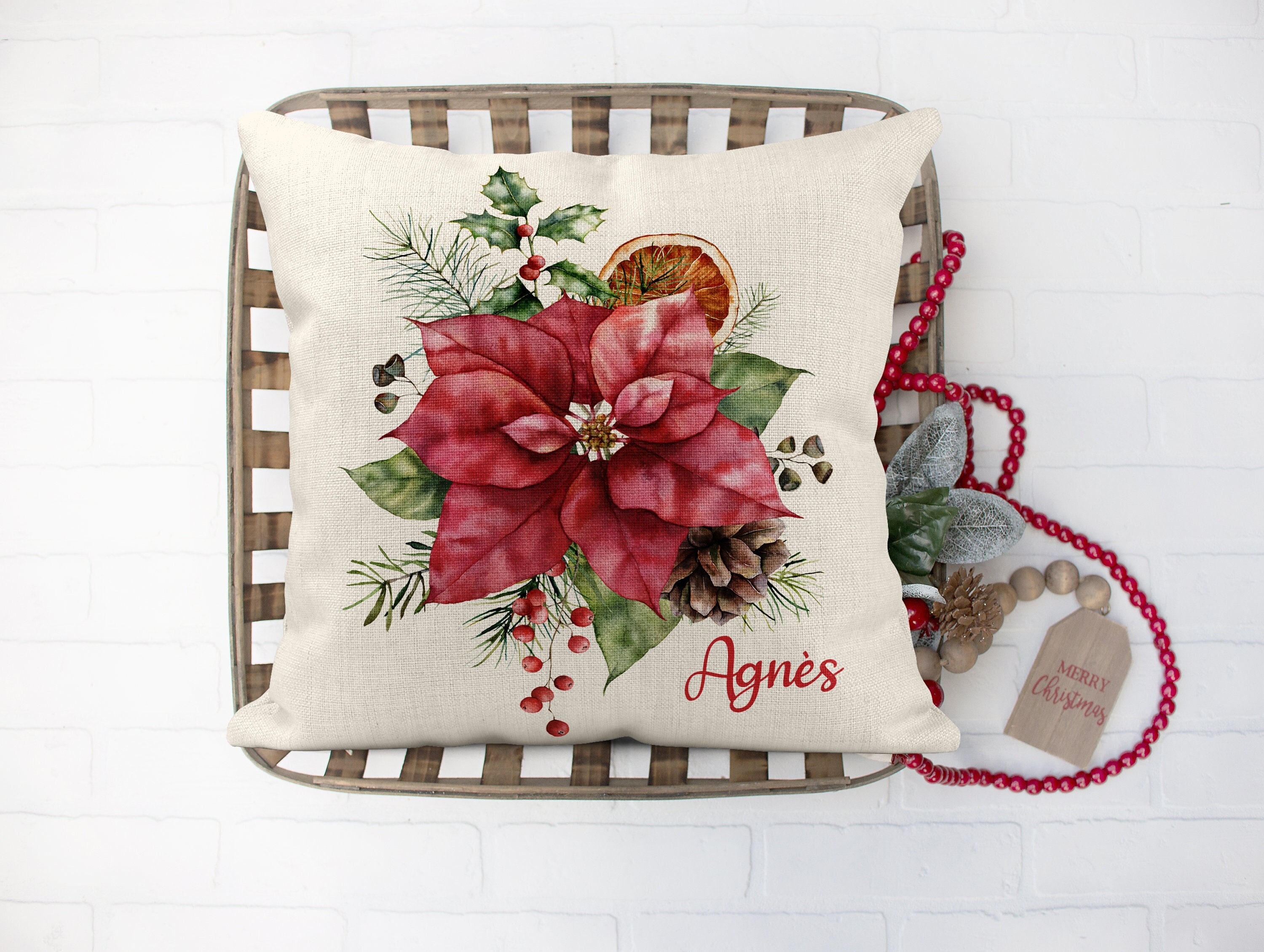Coussin de Noël Personnalisé, Poinsettia