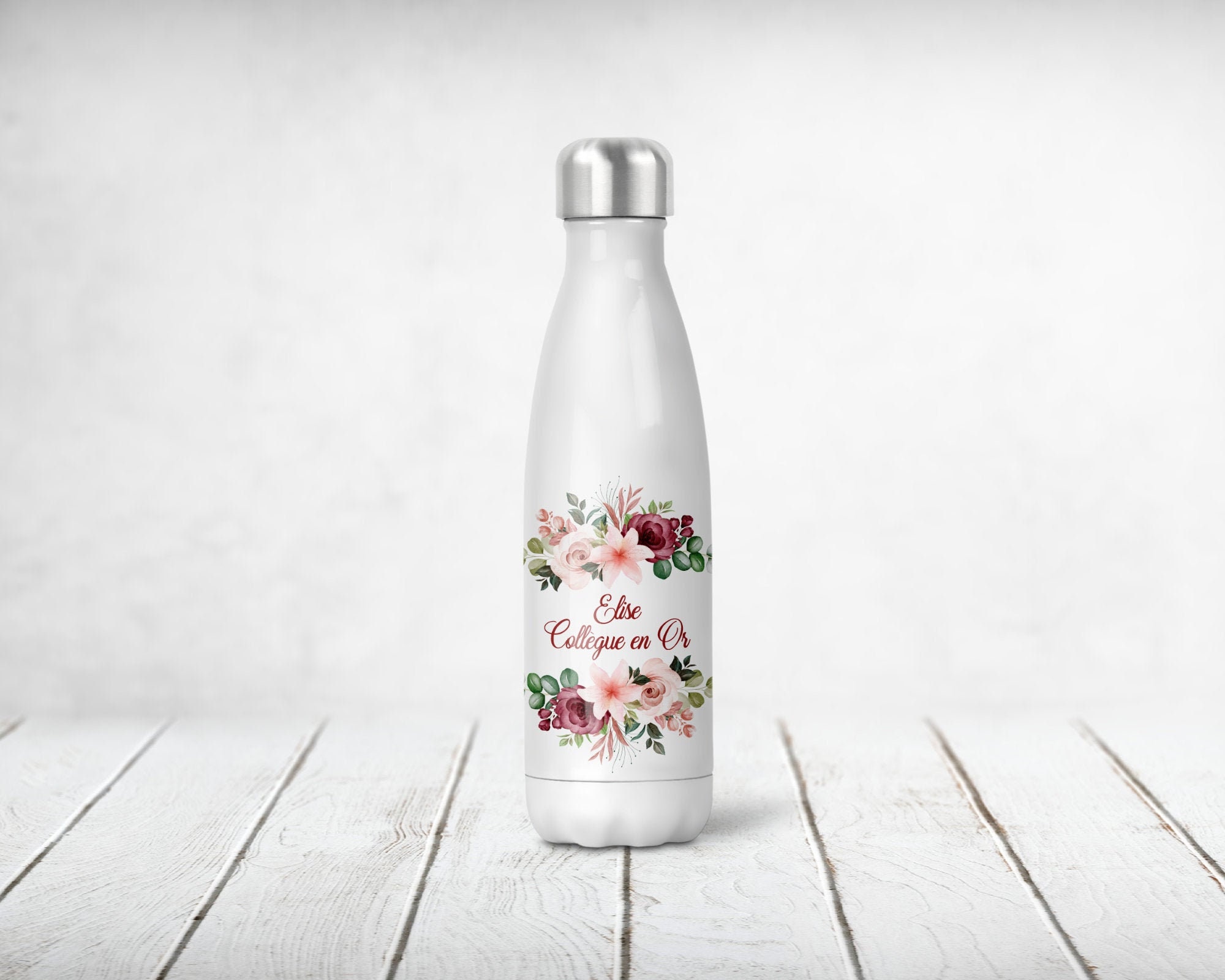 Bouteille Isotherme Personnalisée, Cadre en Fleurs 01